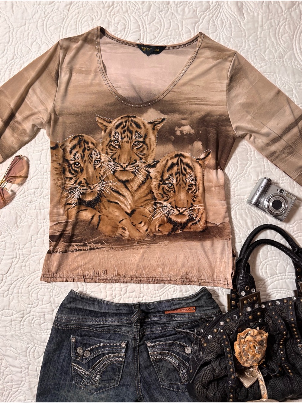 Women's Brown Tiger-Print V-Neck Long Sleeve Top